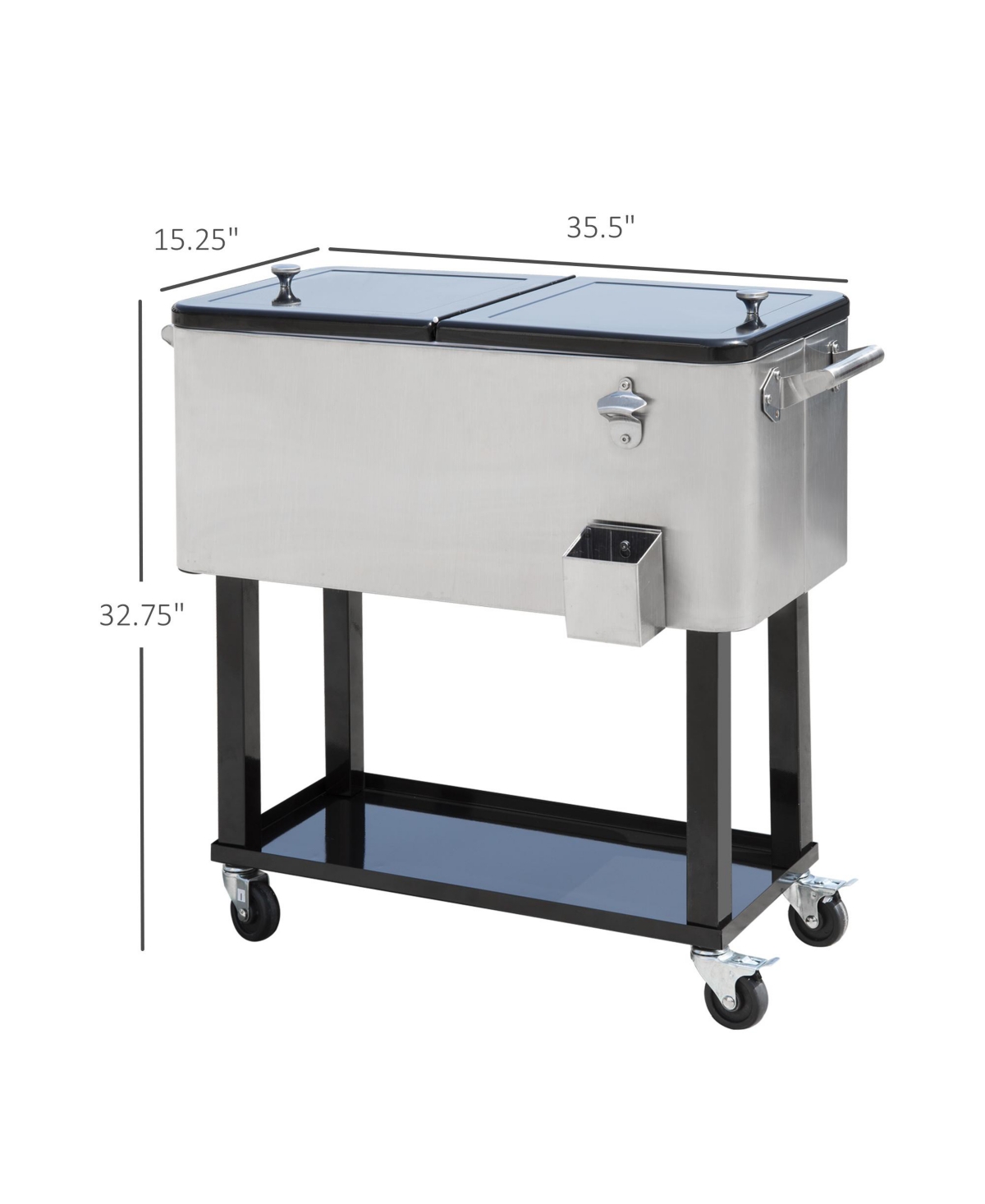 Outsunny 80 Qt Rolling Cooling Bins Ice Chest on Wheels Outdoor Stand Up Drink Cooler Cart for Party, Stainless Steel