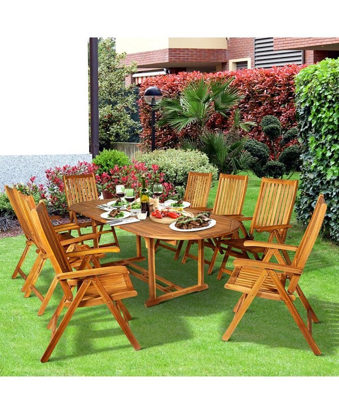 Outsunny Acacia Wood 9 Piece Extendable Oval Patio Dining Table Set