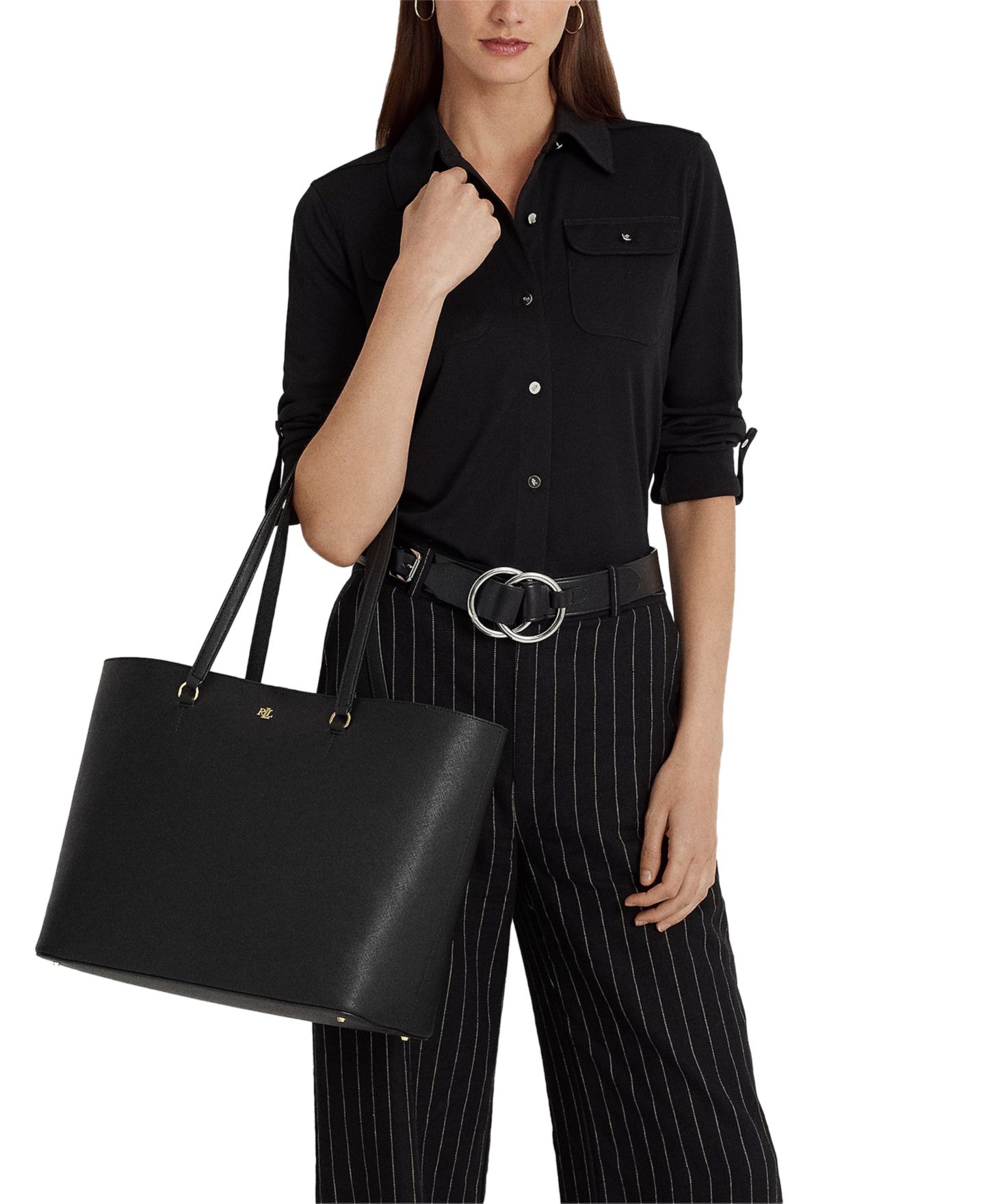 Женская сумка Lauren Ralph Lauren Karly Crosshatch Leather Large Tote, цвет: Чёрный — фото 2