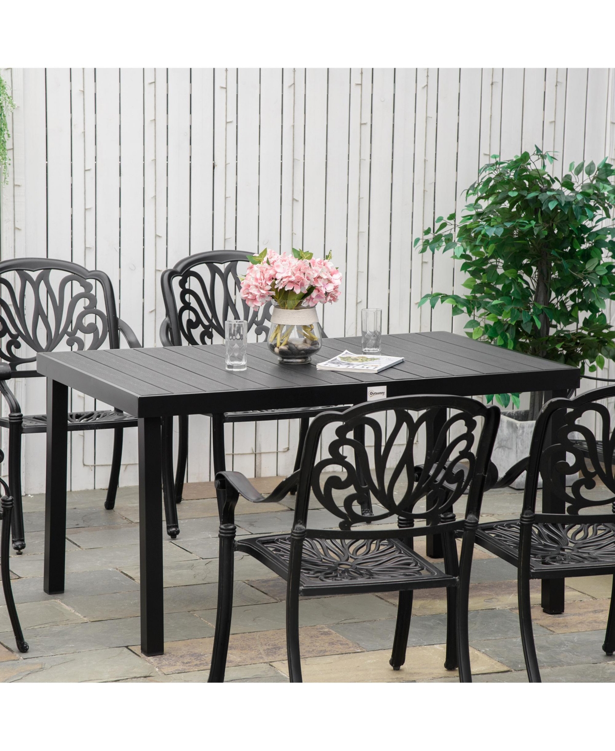 Outsunny Outdoor Dining Table for 6 Person, Rectangular, Aluminum Metal Legs for Garden, Lawn, Patio, Woodgra- Black