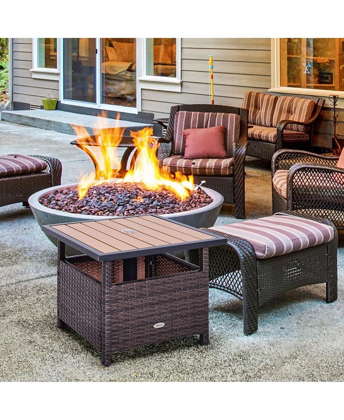 Outsunny 22'' Rattan Wicker Side Table with Steel Frame, Umbrella Insert Hole, Sand Bag for