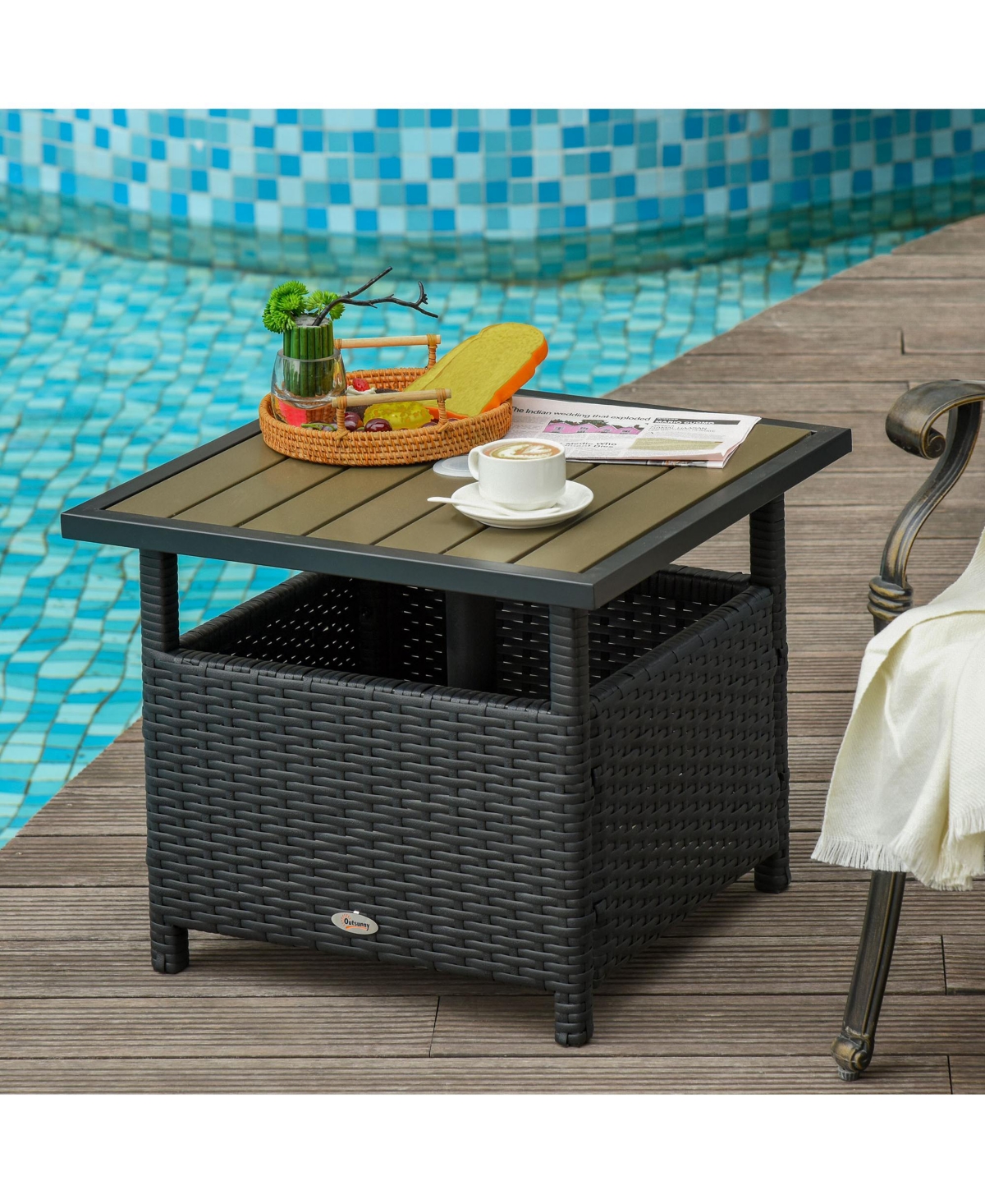Outsunny 22'' Rattan Wicker Side Table with Steel Frame, Umbrella Insert Hole, Sand Bag for Outdoor, Patio, Garden, Backyard,- Black