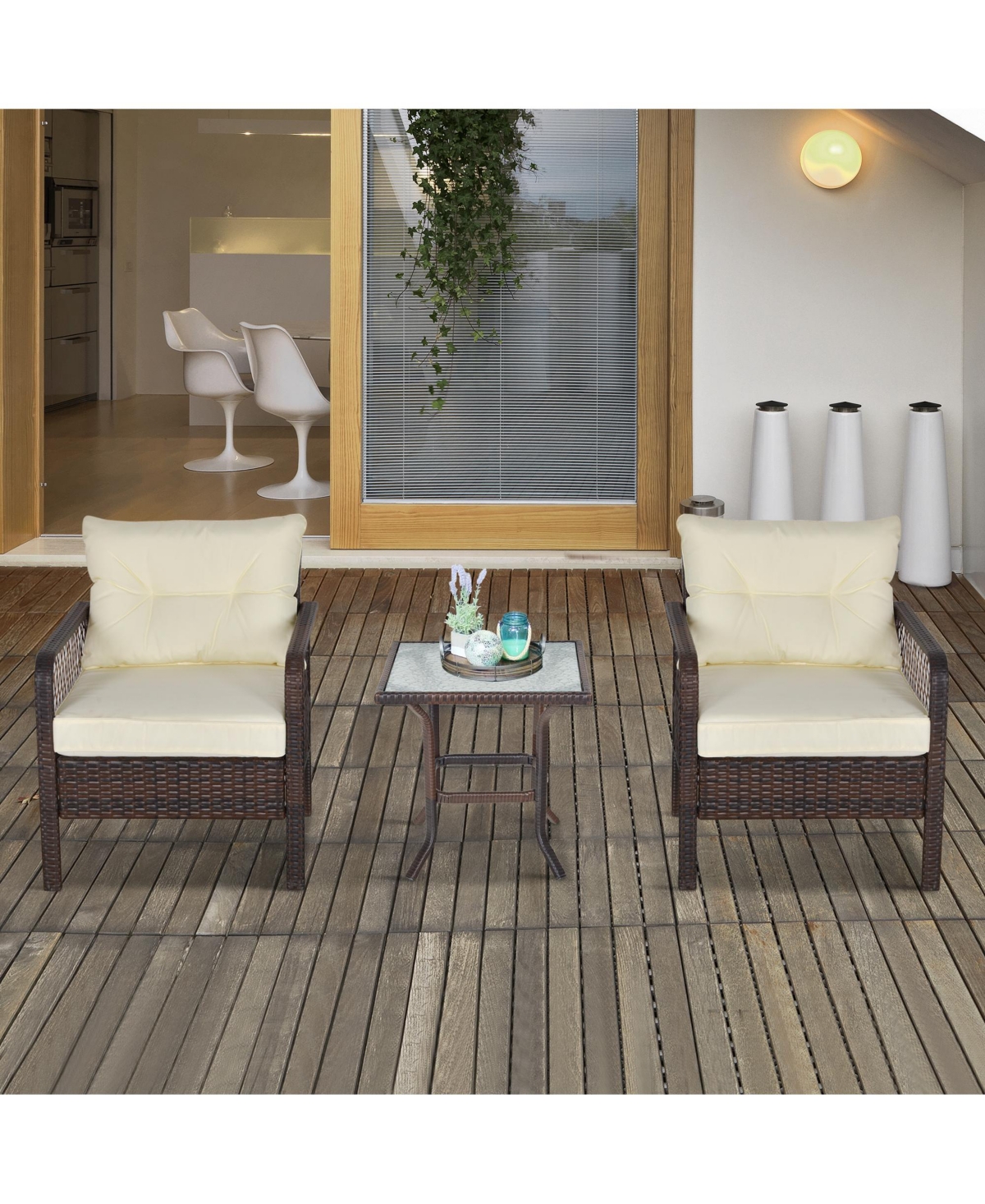 Outsunny 5-Piece Wicker Patio Armchair Set with Ottoman, Outdoor Pe Rattan Furniture Set with Comfortable Zippered Cushions & Weather-Fighting Build