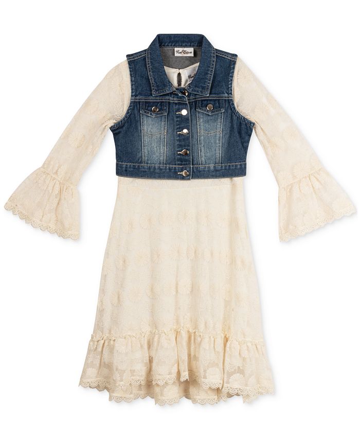 Rare Editions Big Girls Bell Sleeve Dress & Denim Vest Set - Macy's