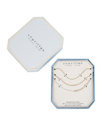 14k Gold Flash Plated White Enamel Paperclip Herringbone Chain Layered Necklaces, 3 Piece Set