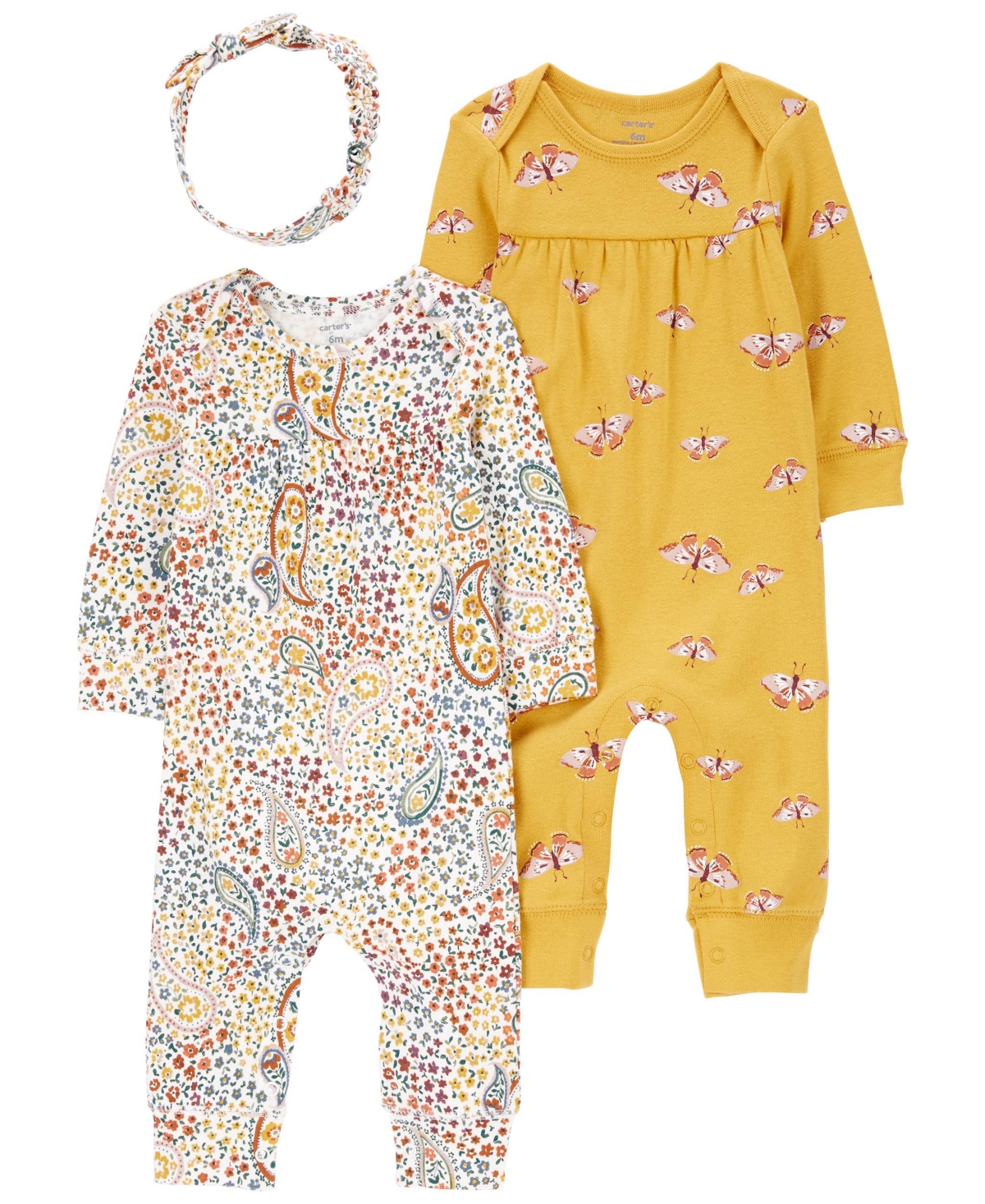 Carter's Baby Girls Footless Coveralls And Headband, 3 Piece Set In Yellow