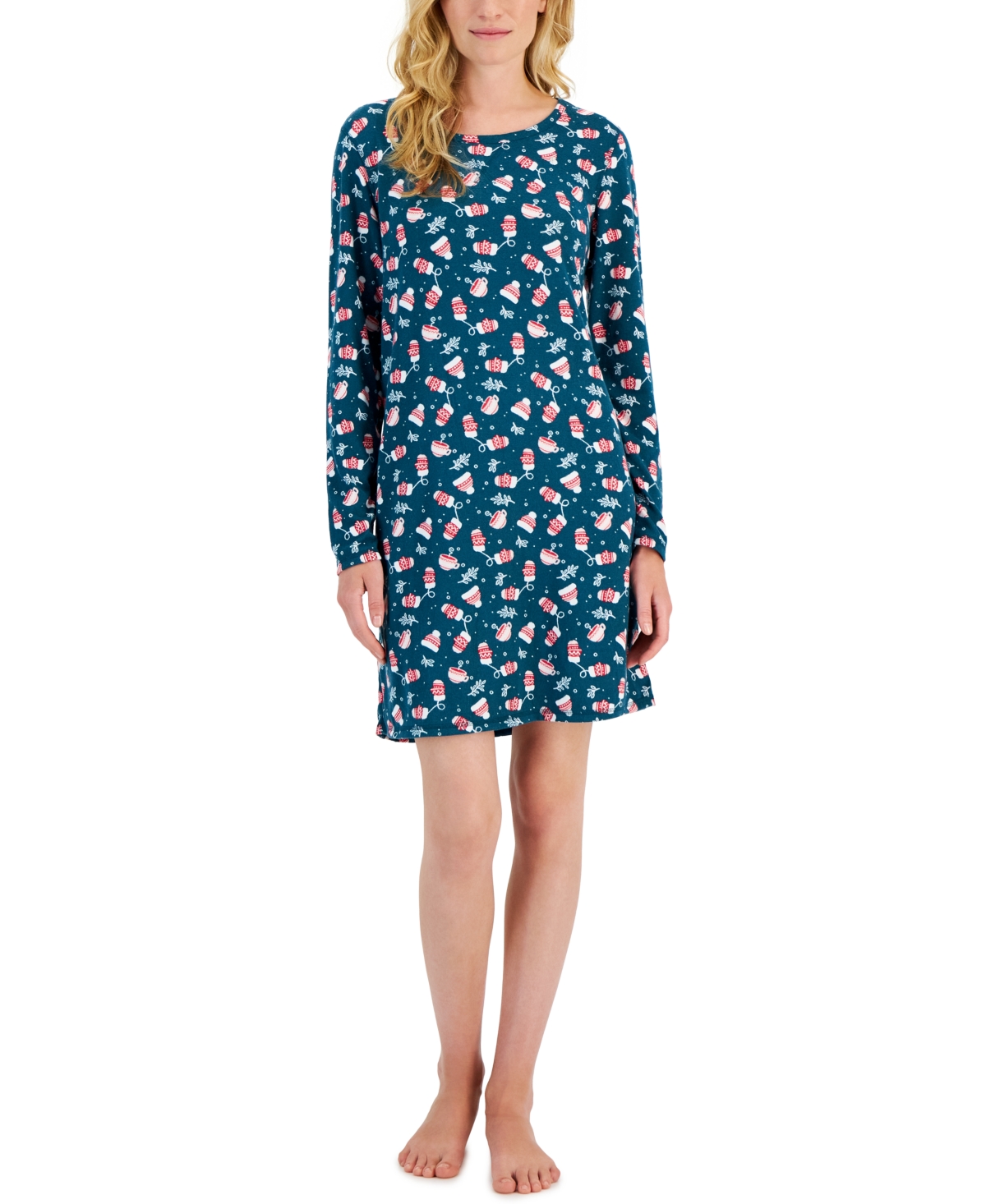 Charter Club Women's Printed Long-sleeve Soft Knit Sleepshirt, Created For Macy's In Warm Holiday