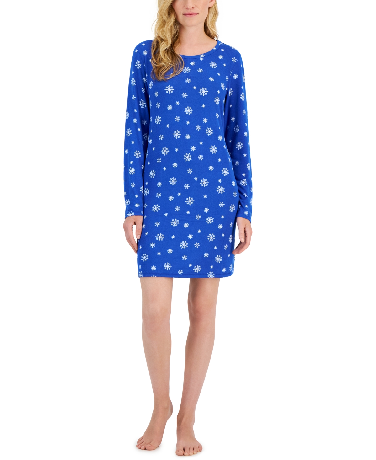 Charter Club Women's Printed Long-sleeve Soft Knit Sleepshirt, Created For Macy's In Blue Ditsy Snowflake