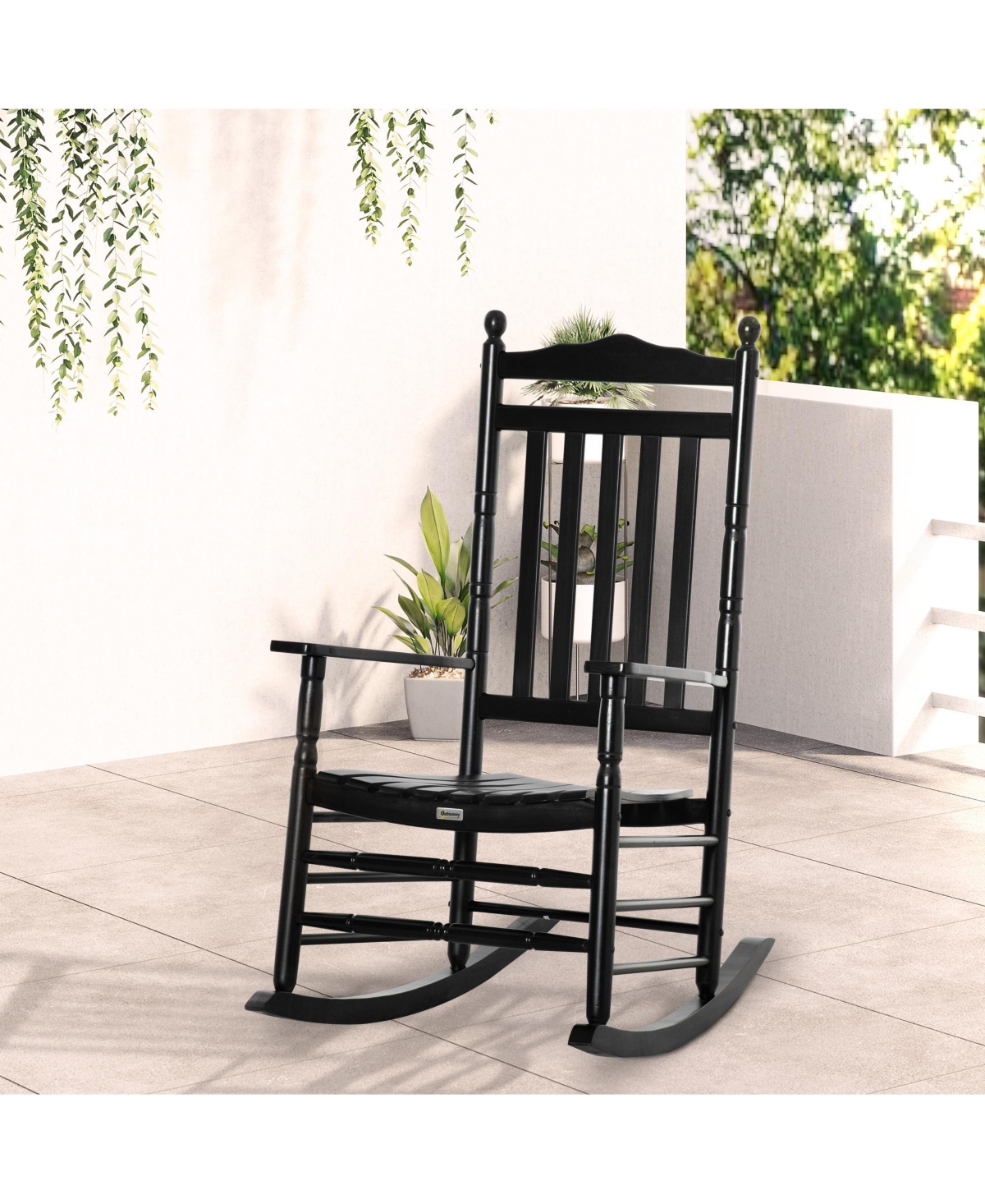 Outsunny Traditional Wooden High-Back Rocking Chair for Porch, Indoor/Outdoor,- Black