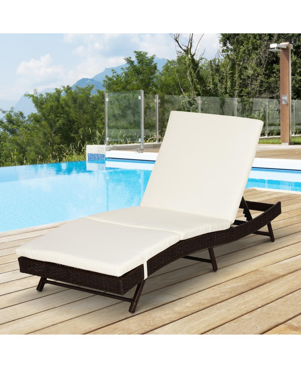 Outsunny Wicker Chaise Patio Lounge Chair, 5 Position Adjustable Backrest and Cushions Outdoor Pe Rattan Wicker Lounge Chair,- Dark brown