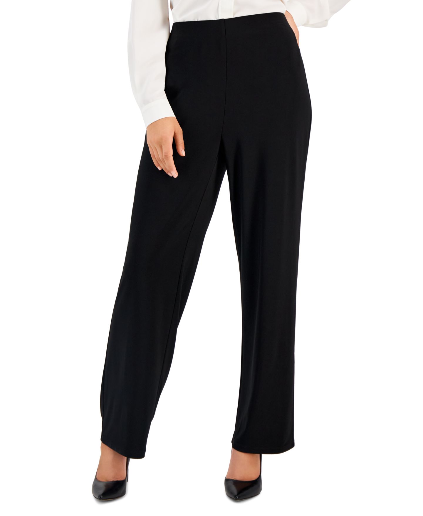 Женские брюки AK Anne Klein Solid Interlock Twist Yarn Wide Leg Knit, цвет: Чёрный — фото 1