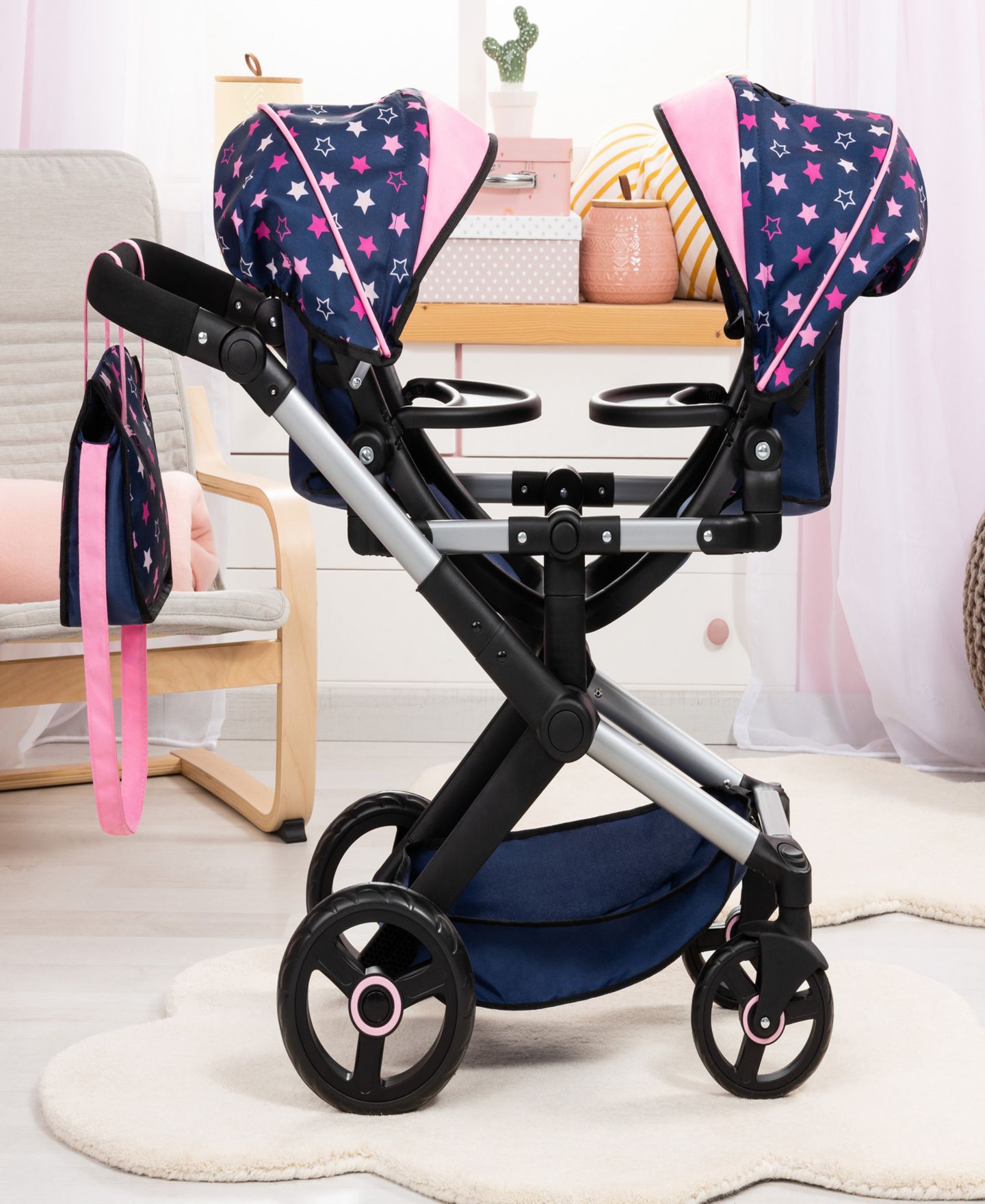 Детские аксессуары для кукол Bayer Design Dolls: Xeo Twin Pram - Stars, цвет: Синий / Розовый — фото 3