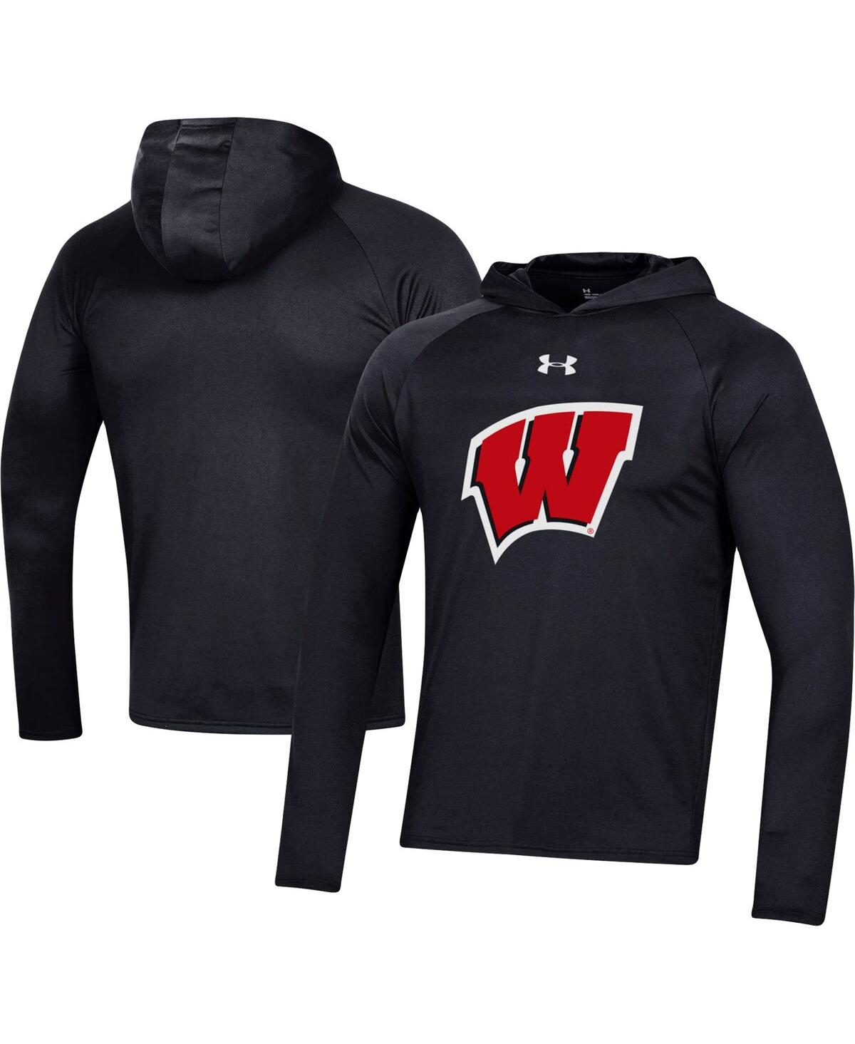 Shop Under Armour Men's  Black Wisconsin Badgers School Logo Raglan Long Sleeve Hoodie Performance T-shirt