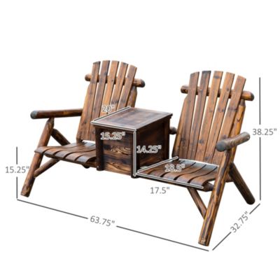 Double Adirondack Chair Loveseat w/ Table & Ice Bucket, Varnished Wood