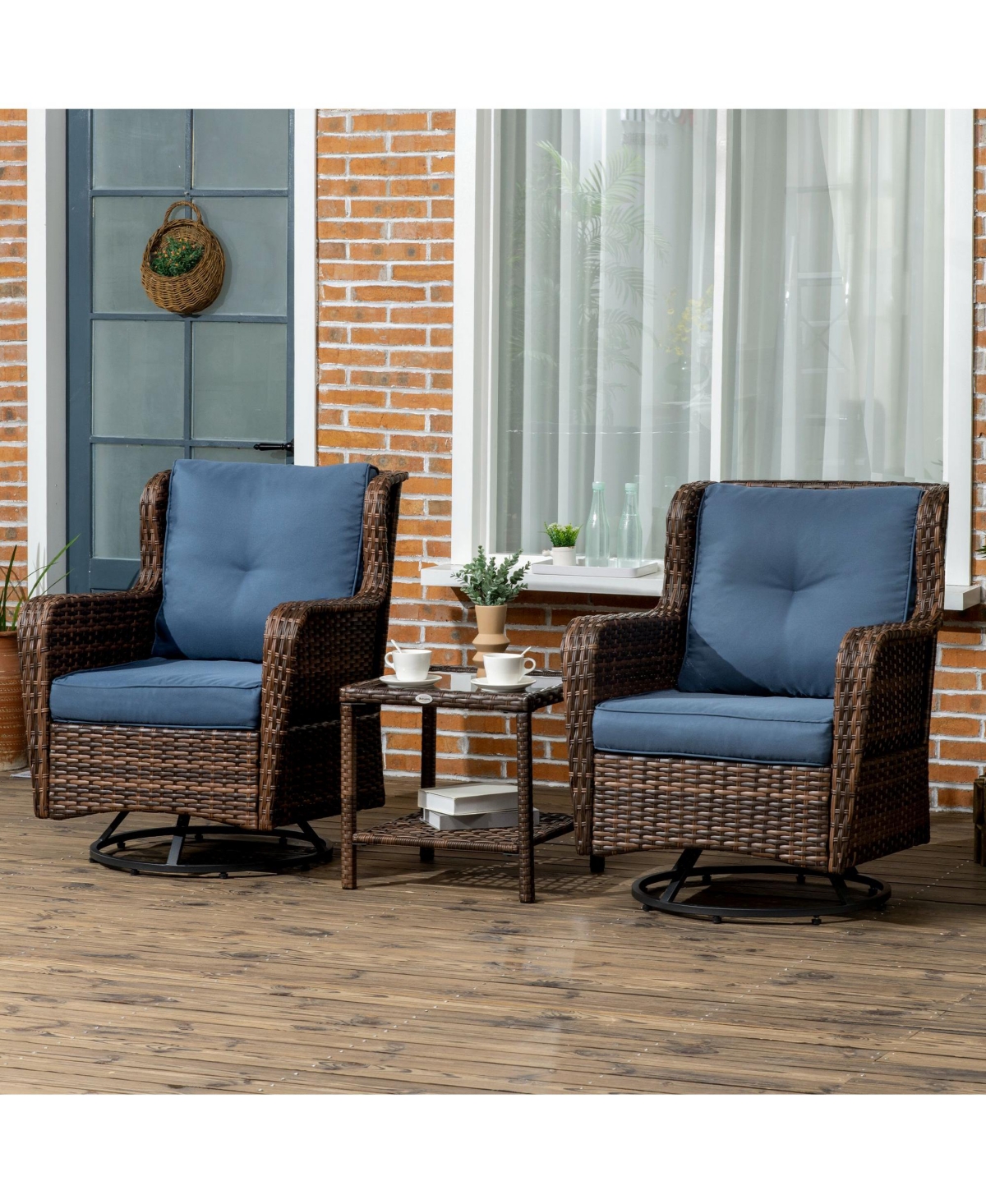 Outsunny 3-Piece Patio Bistro Set, Pe Rattan Wicker Outdoor Furniture with 360° Swivel Rocking Chairs and Soft Cushion, Glass Top Table for Porch