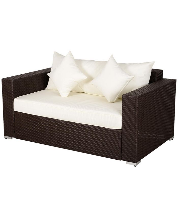 Outsunny Patio Outdoor Sofa, PE Rattan Wicker Loveseat, Outdoor Couch with 2 Throw Pillows