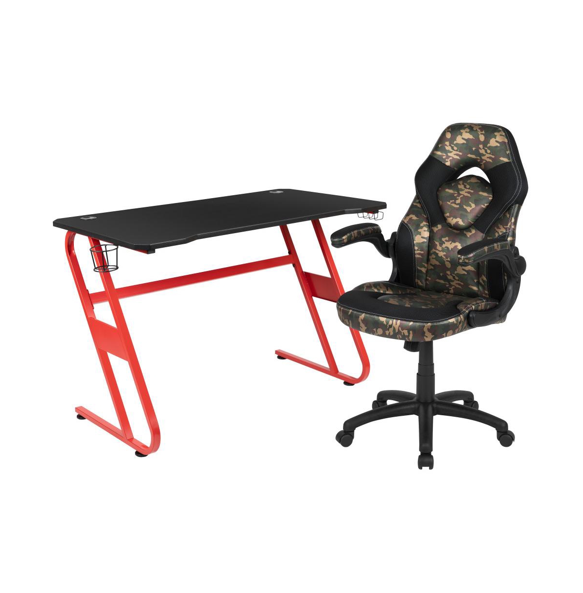 Emma+Oliver Gaming Desk And Racing Chair Set With Cup Holder And Headphone Hook