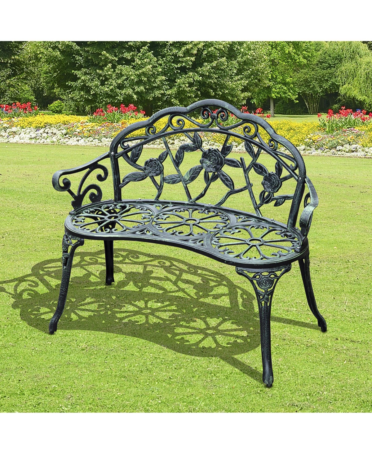 Outsunny 40" Antique Style Patio Porch Garden Bench Cast Aluminum Outdoor Chair Rose