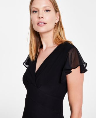  Women's V-Neck Chiffon-Trim Midi Dress with Flutter Sleeves