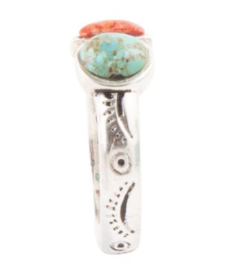 Out West Genuine Blue Turquoise and Genuine Orange Sponge Coral Thin Band Ring
