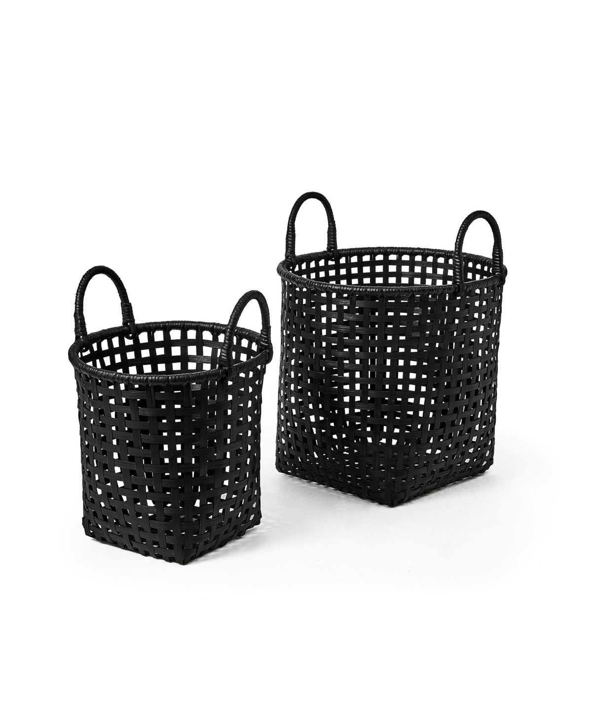2-Piece Open Crosshatch Weave Bamboo Set with Ear Handles, Round Top Square Bottom - Black