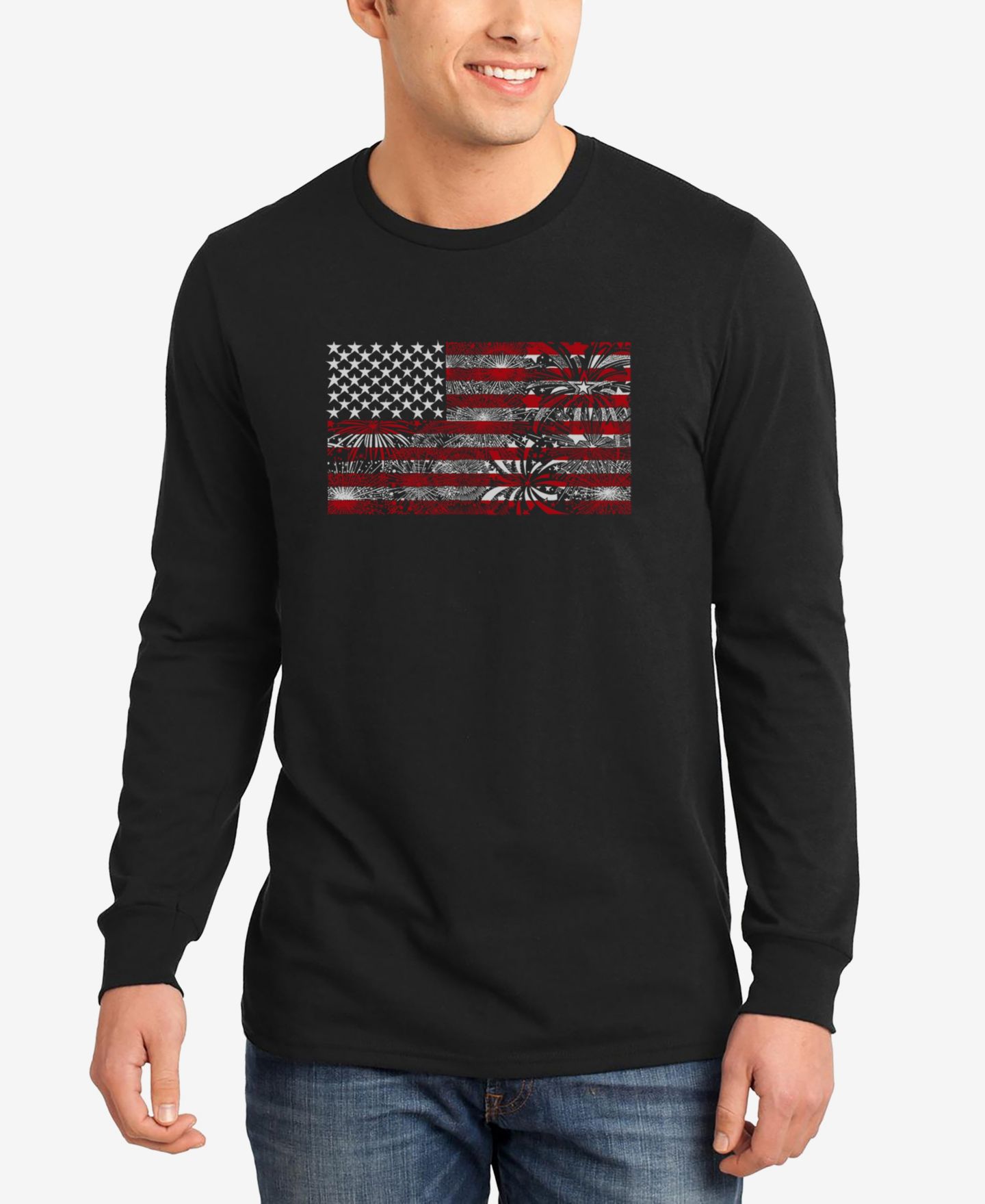 Мужская футболка LA Pop Art Word Art American Flag Fireworks Long Sleeve, цвет: Чёрный — фото 1
