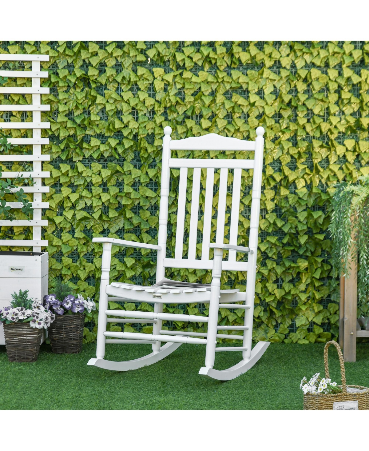 Outsunny Traditional Wooden High-Back Rocking Chair for Porch, Indoor/Outdoor,- White