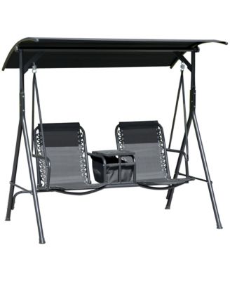 2-Seat Patio Swing Chair, Outdoor Canopy Swing Glider with Pivot Storage Table, Cup Holder, Adjustable Shade, Bungie Seat Suspension and Weather Resistant Steel Frame, Black