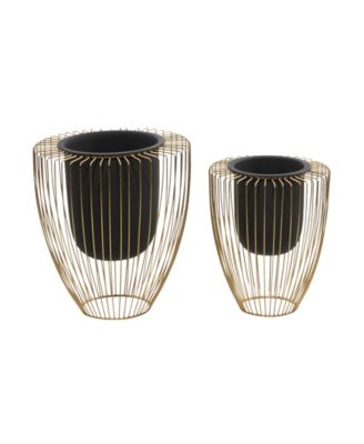 Black Metal Indoor Outdoor Planter with Removable Gold-Tone Wire Stand Set of 2