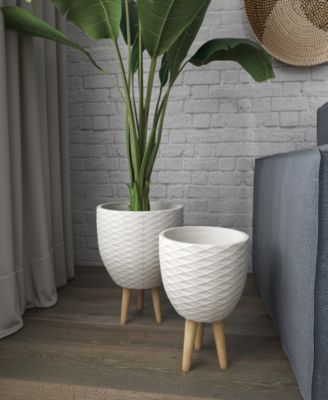 White Ceramic Indoor Outdoor Planter with Wood Legs Set of 2