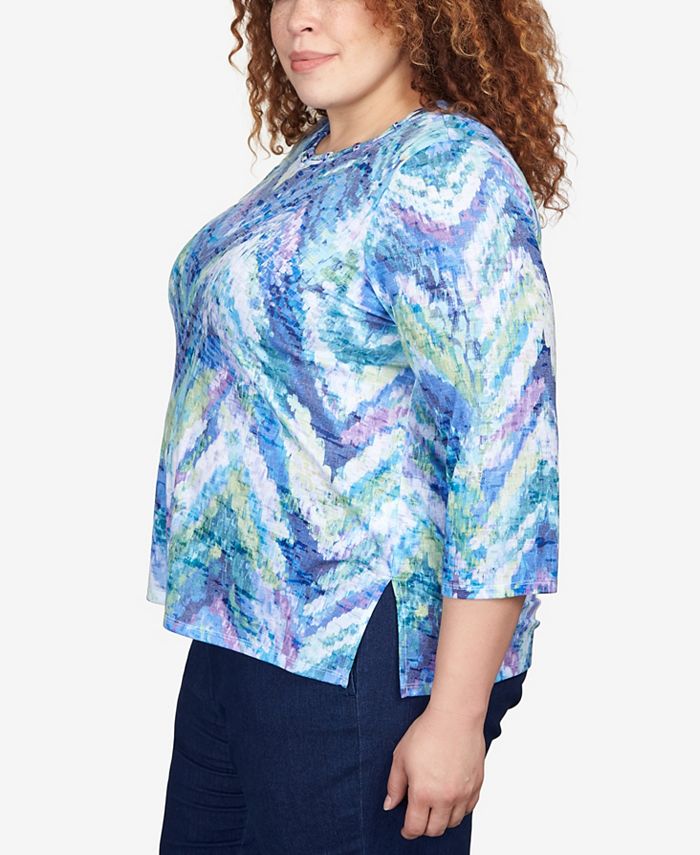 Alfred Dunner Plus Size Moody Blues Ikat Chevron 3/4 Sleeve Top ...