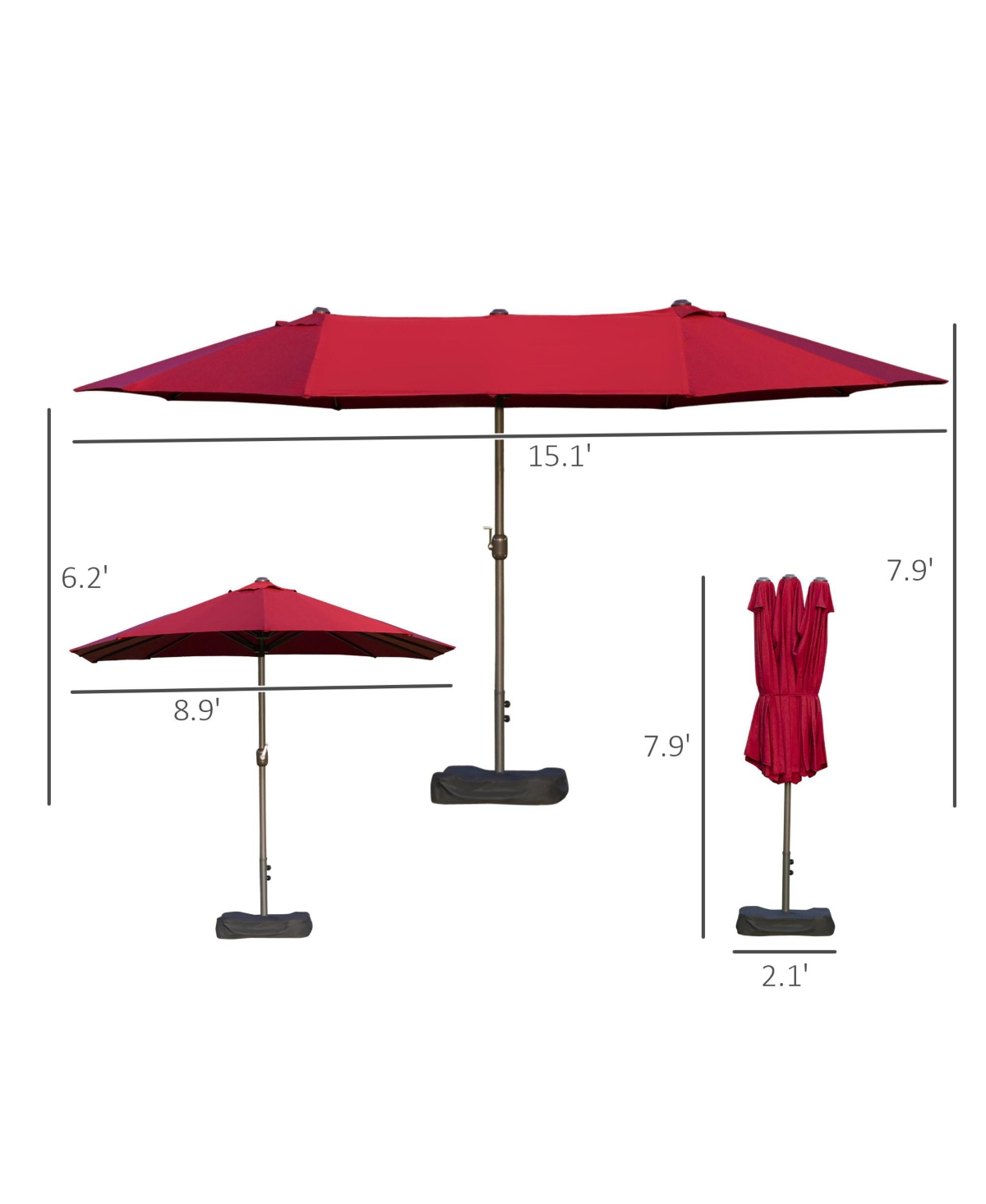 Patio Umbrella 15' Steel Rectangular Outdoor Double Sided Market with base, Uv Sun Protection & Easy Crank for Deck Pool Patio, Red - Red