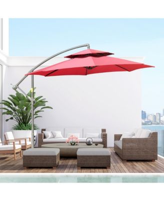 9' 2-Tier Cantilever Umbrella with Crank Handle, Cross Base and 8 Ribs, Garden Patio Umbrella for Backyard, Poolside, and Lawn, Red