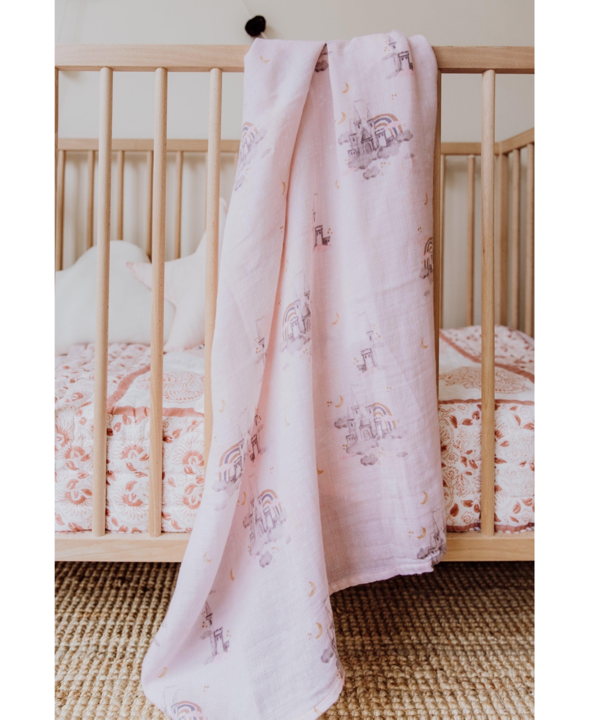 Gots Certified Organic Cotton Muslin Swaddle,- Pink castle