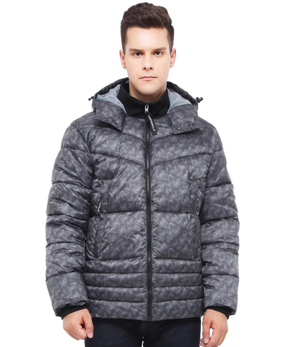 Men's Heavyweight Quilted Hooded Puffer Jacket Coat - Greystone geo