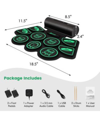 9 Pads Electronic Drum Set with Sticks & Pedals, Portable Roll-up Digital Drum Kit