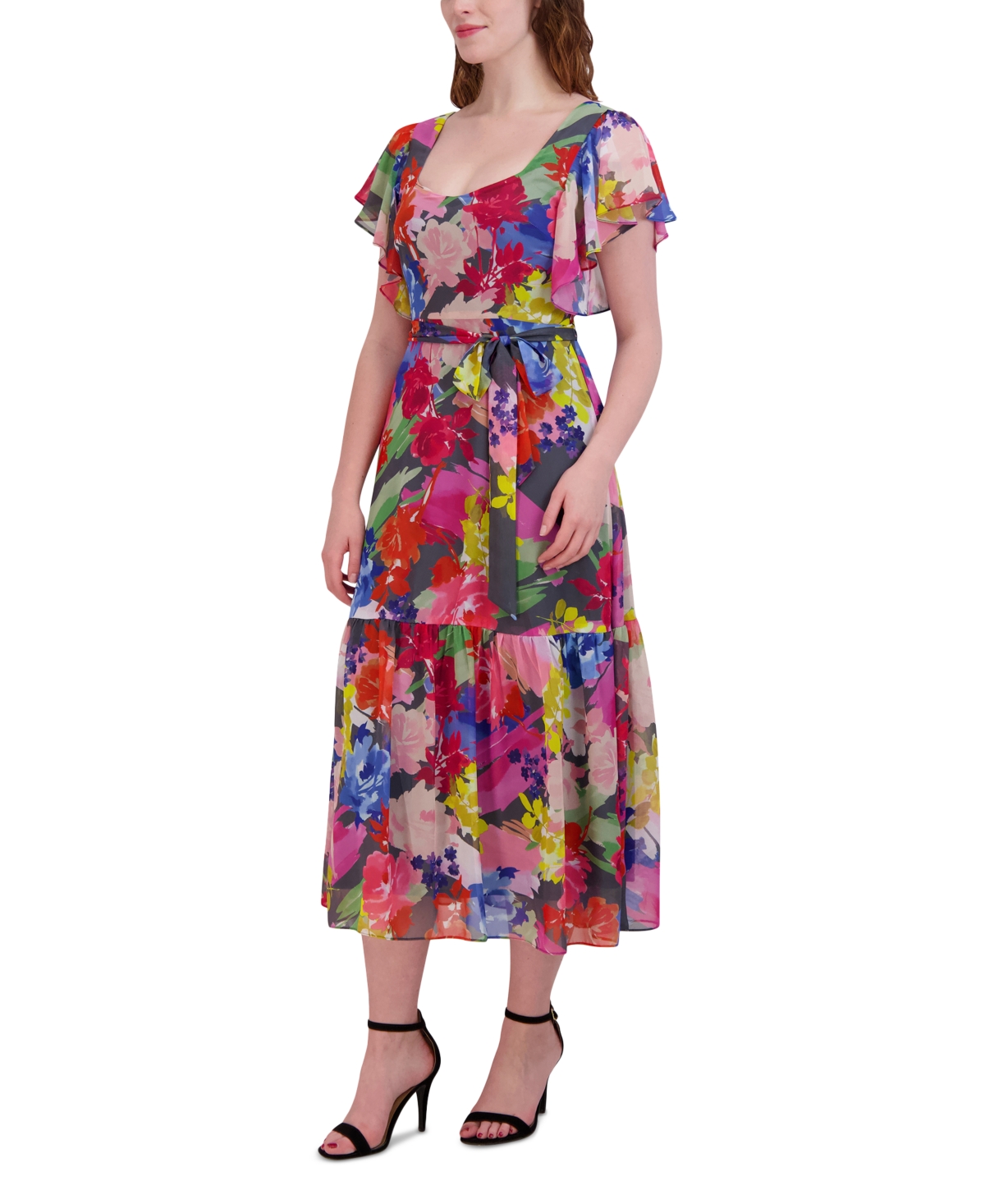 Women's Flutter-Sleeve Printed Midi Dress - Multi