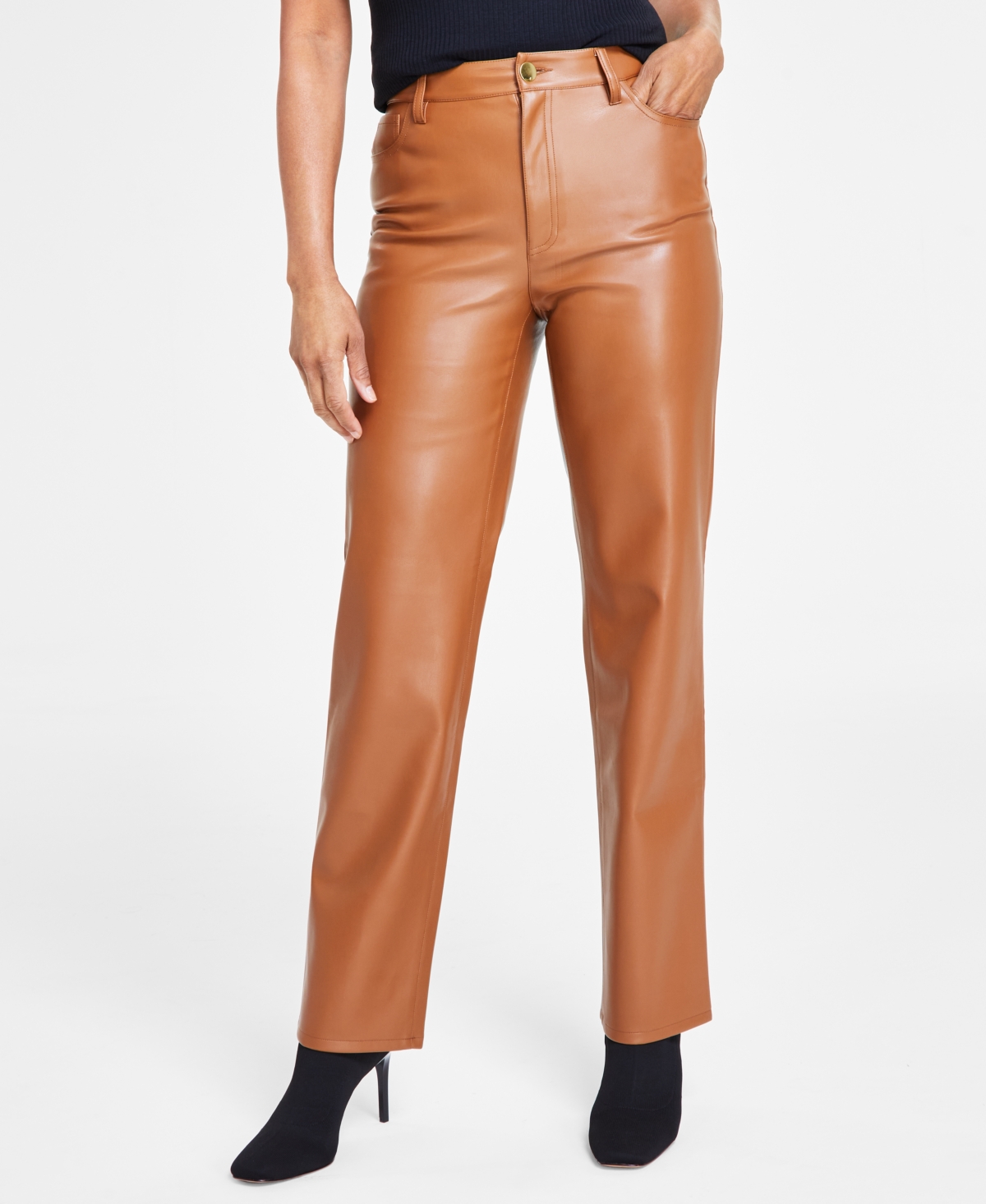 Inc International Concepts Women's Faux-leather Straight-leg Pants, Created For Macy's In Brown Saira