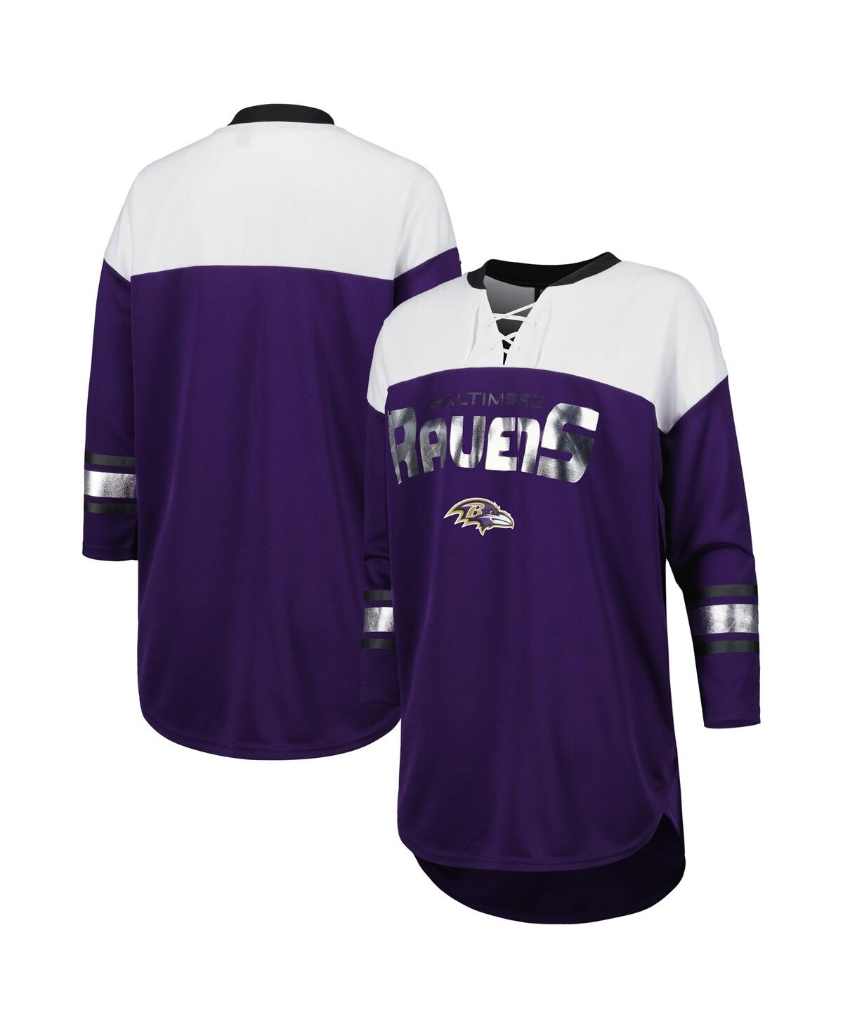 G-III 4HER BY CARL BANKS WOMEN'S G-III 4HER BY CARL BANKS PURPLE, WHITE BALTIMORE RAVENS DOUBLE TEAM 3/4-SLEEVE LACE-UP T-SHI 