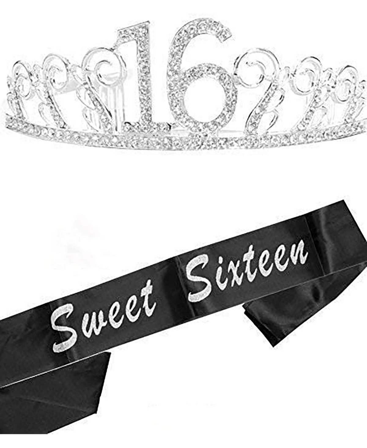 Meant2tobe 16th Birthday Sash and Tiara for Girls - Fabulous Set: Glitter Sash + Floating Heart RhinestonePremium Metal Tiara, 16th Birthday G