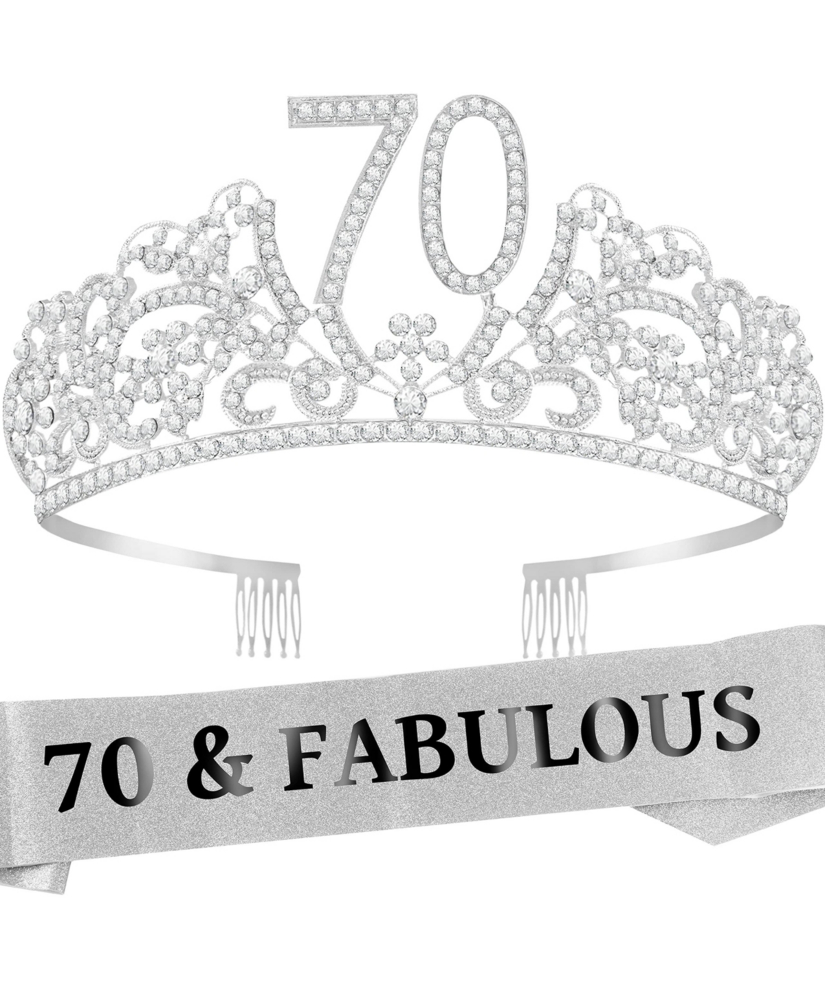 70th Birthday Sash and Tiara for Women - Fabulous Glitter Sash + Flowers Rhinestone Silver Premium Metal Tiara for Her, 70th Birthday Gifts for 70 Cel
