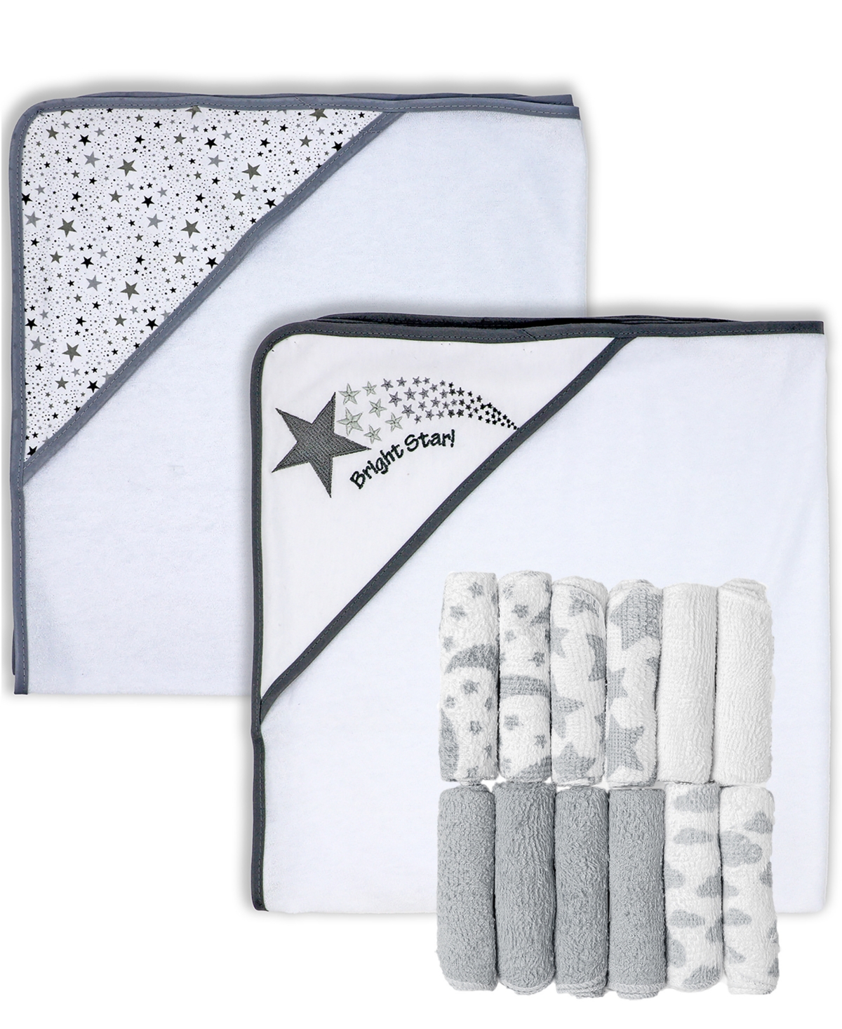 Baby Mode Baby Boys Hooded Towel And Washcloth, 14 Piece Set In White With Gray Stars