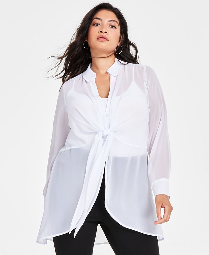 Bar III Plus Size Tie-Front Semi-Sheer Blouse, Created for Macy's - Macy's