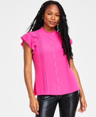 Women's Short Sleeve Pin-tuck Ruffled Button-up Blouse