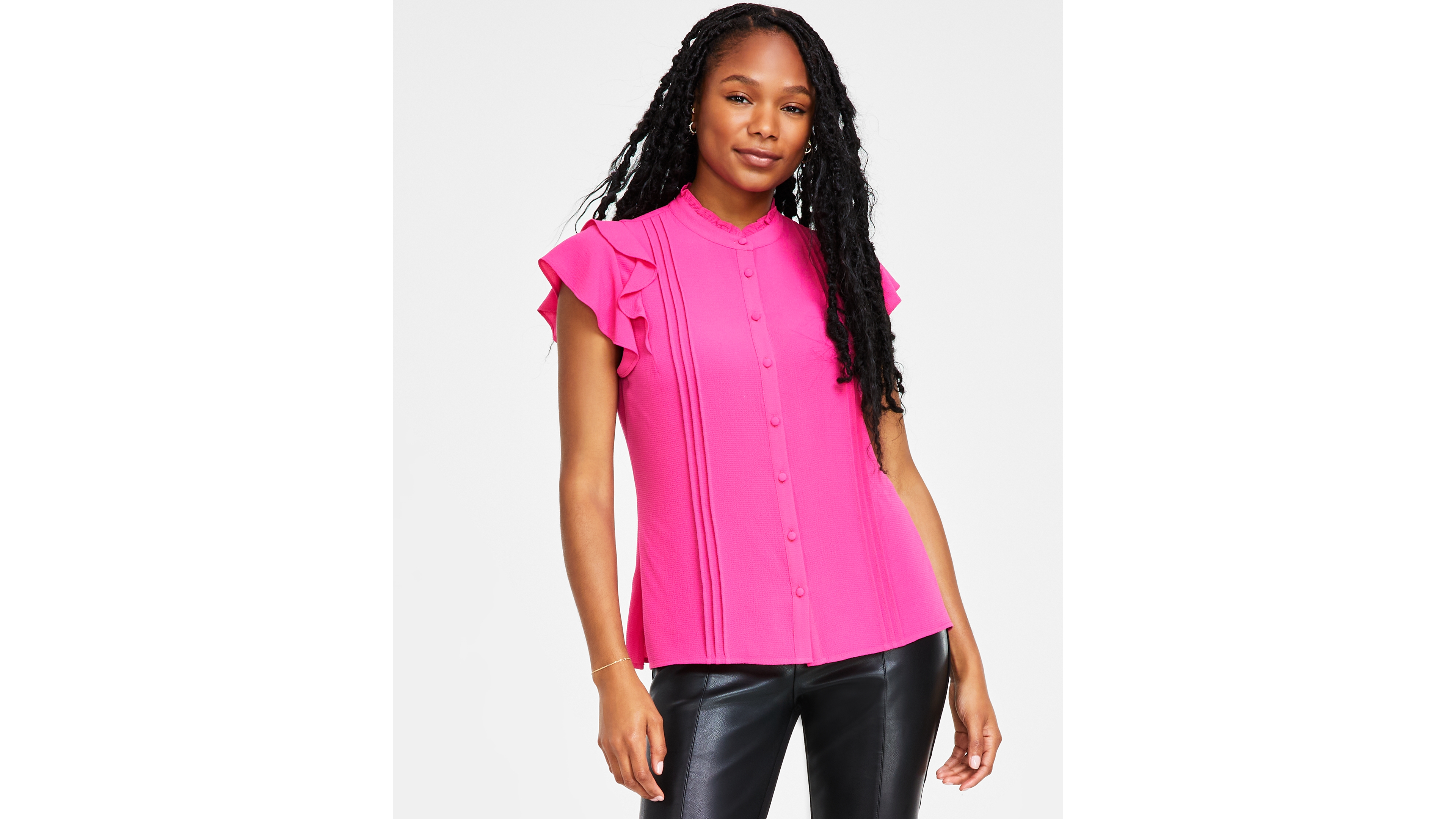 CeCe Women's Short Sleeve Pin-tuck Ruffled Button-up Blouse
