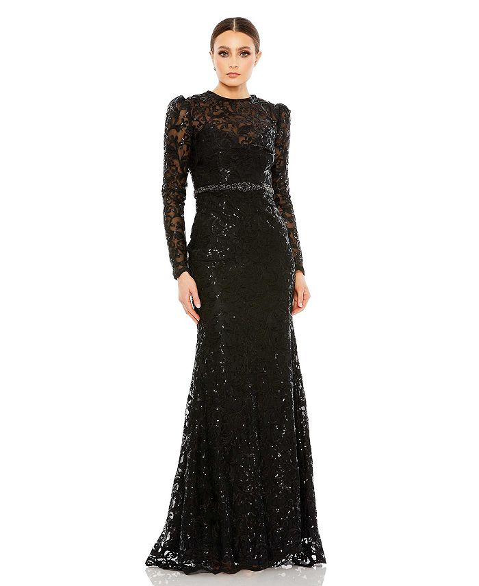 Mac Duggal Women's Embellished Illusion High Neck Long Sleeve A Line Gown -  Macy's
