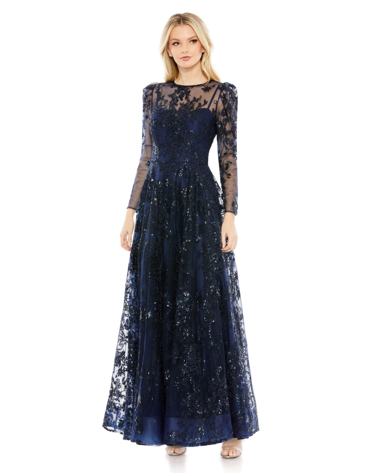 1940s Evening, Prom, Party, Formal, Ball Gowns Womens Embroidered Illusion High Neck A Line Dress - Navy $598.00 AT vintagedancer.com