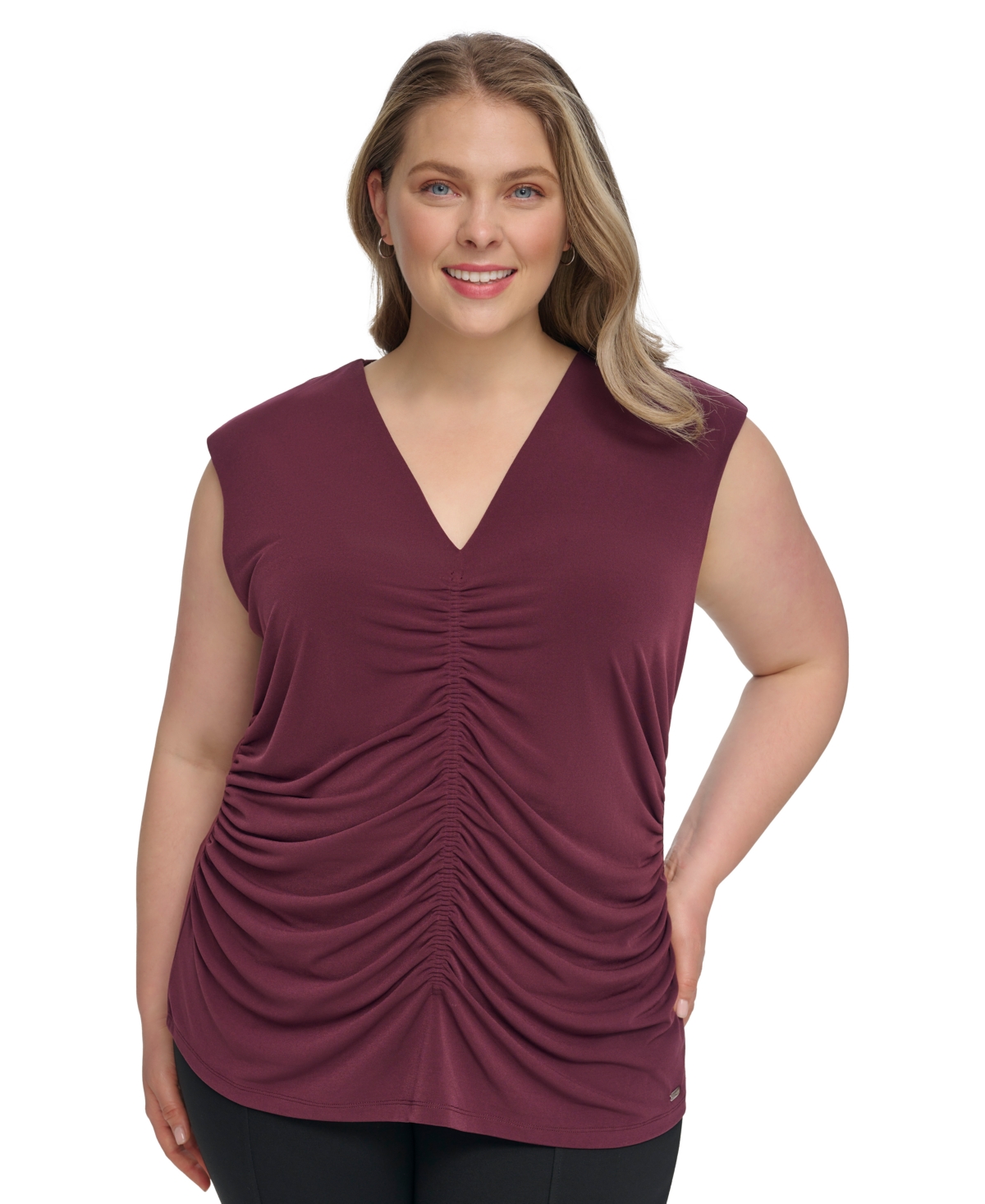 Calvin Klein Plus Size V-neck Shirred-front Sleeveless Top In Port
