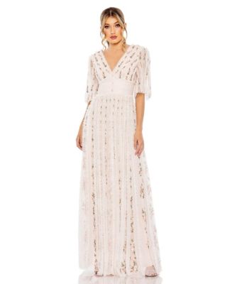 Mac Duggal Women's Floral Ruffle Detail Long V-Neck Gown