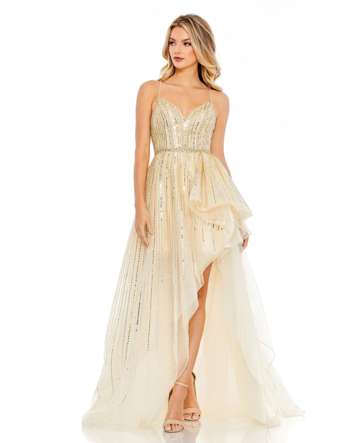 Women's Embellished Sleeveless Draped A Line Gown - Gold silver
